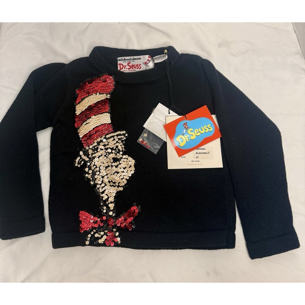 Vintage Michael Simon Dr Seuss Sweater Cardigan Girls 2T Cat in Hat Sequins Y2K